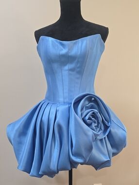 Sherri Hill Powder Blue Strapless Satin Bubble Dress with Rosette Accent.
